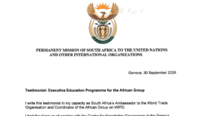 Letterhead of the Permanent Mission of South Africa with the heading Testimonial: Executive Education Programme for the African Group, Geneva, 30 September 2026